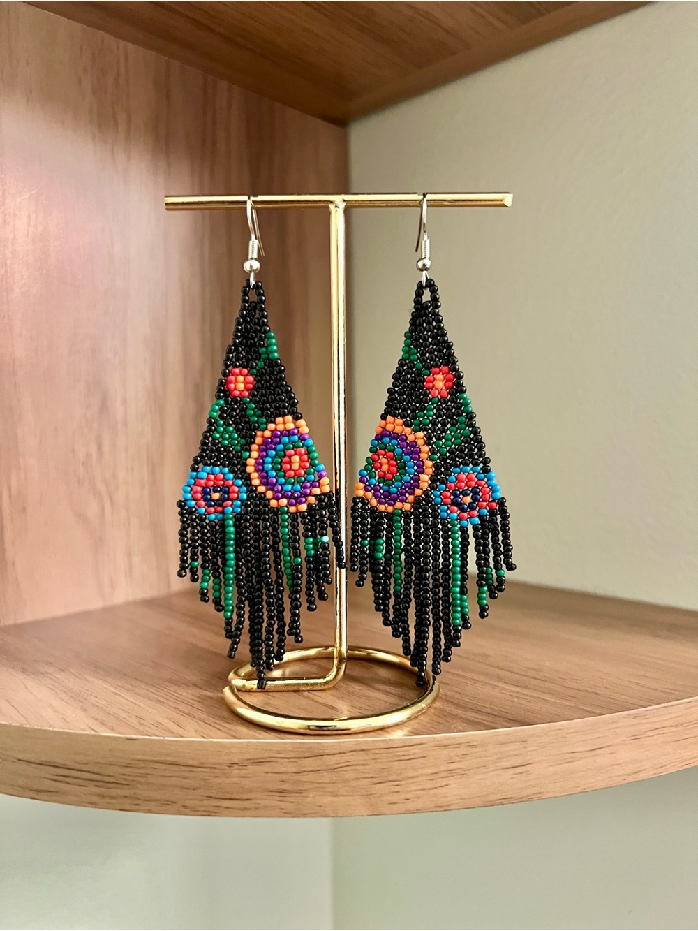Handmade Black Beaded Fringe Earrings with Colorful Floral Accents